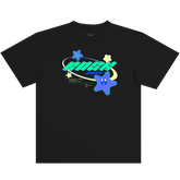 The BOSK Star Power Tee is a black heavy-weight cotton shirt with blue and green cartoon stars (one with a face), swooshes, bold teal “BOOST! POWER” text, and yellow icons in a fun, space-themed design.